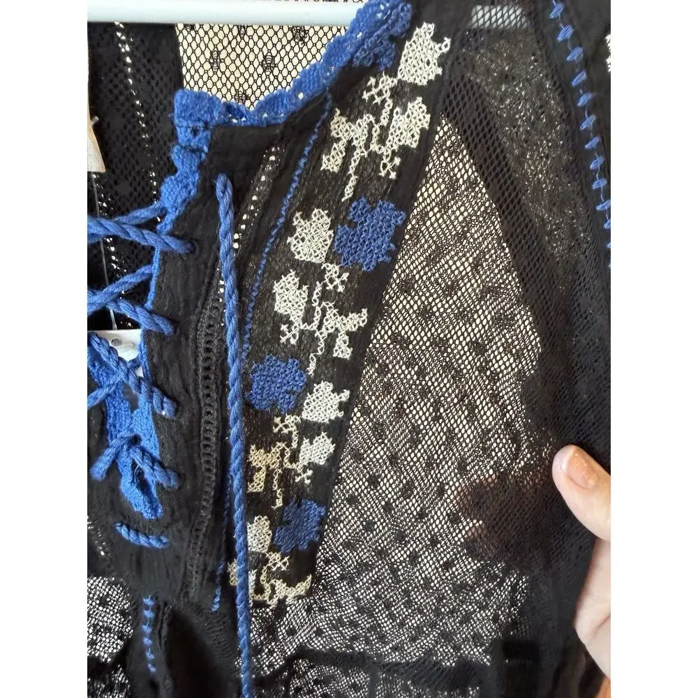 Free People Black Blue Embroidered Tassel Lace Blouse XS Boho Festival Y2K